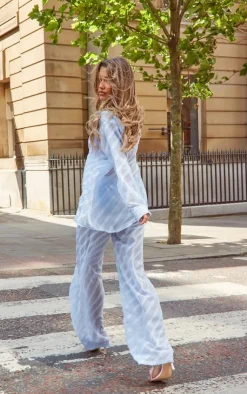 Sale PrettyLittleThing Textured Chiffon Oversized Wide Leg Pants Pale Blue