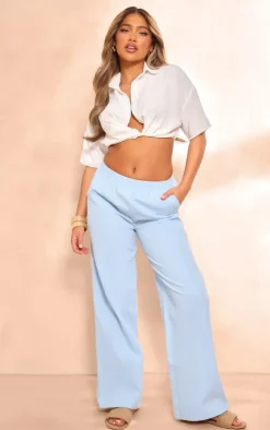 Pale Blue Twill Elasticated Waist Straight Leg Pants