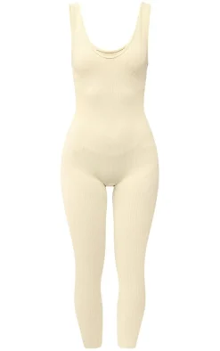 Pale Green Snatched Rib Seam Detail Jumpsuit