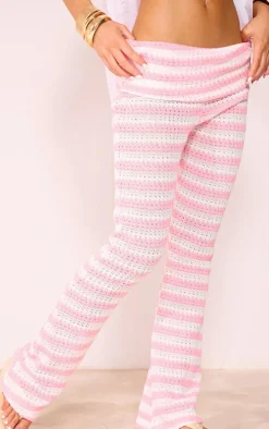 Pale Pink Textured Jersey Fold Over Waist Flares