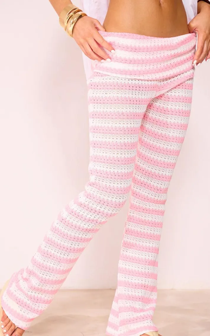 Pale Pink Textured Jersey Fold Over Waist Flares