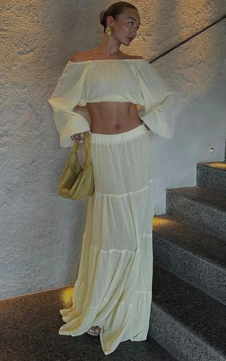 Sale PrettyLittleThing Pastel Yellow Cheesecloth Floaty Tiered Maxi Skirt Cream