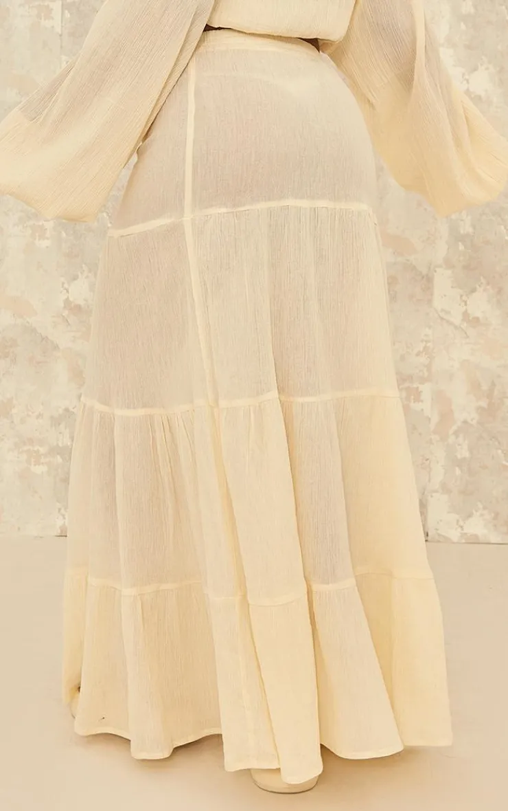 Sale PrettyLittleThing Pastel Yellow Cheesecloth Floaty Tiered Maxi Skirt Cream