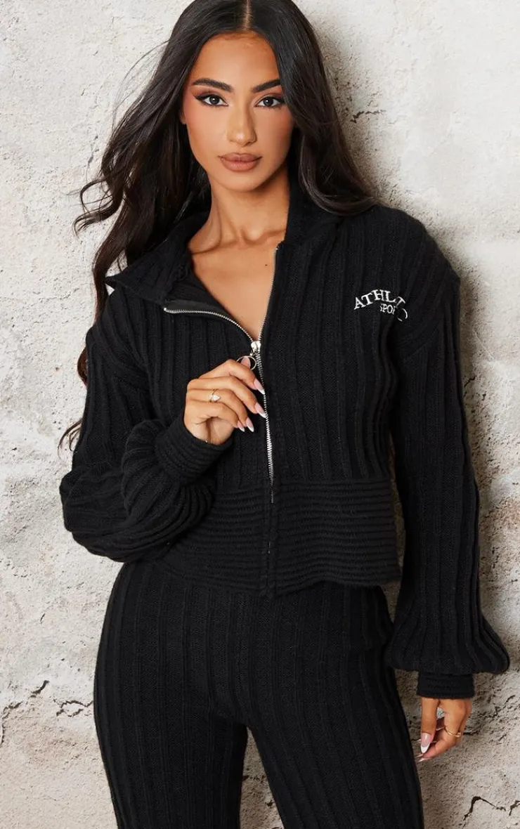 New PrettyLittleThing Petite Athletic Sport Embroidered Knit Zip Up Cropped Cardigan Black