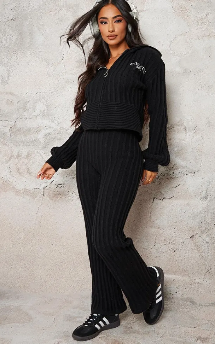 New PrettyLittleThing Petite Athletic Sport Embroidered Knit Zip Up Cropped Cardigan Black