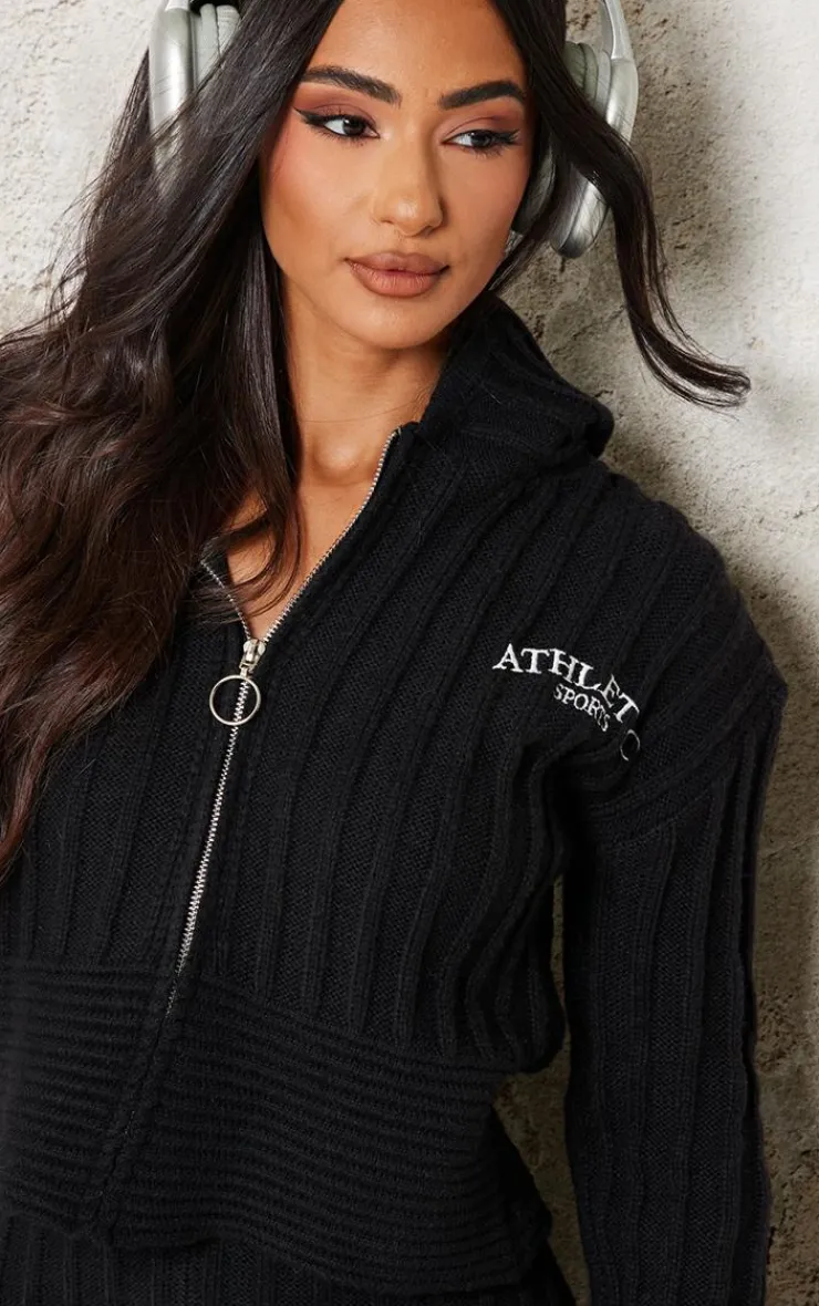 New PrettyLittleThing Petite Athletic Sport Embroidered Knit Zip Up Cropped Cardigan Black