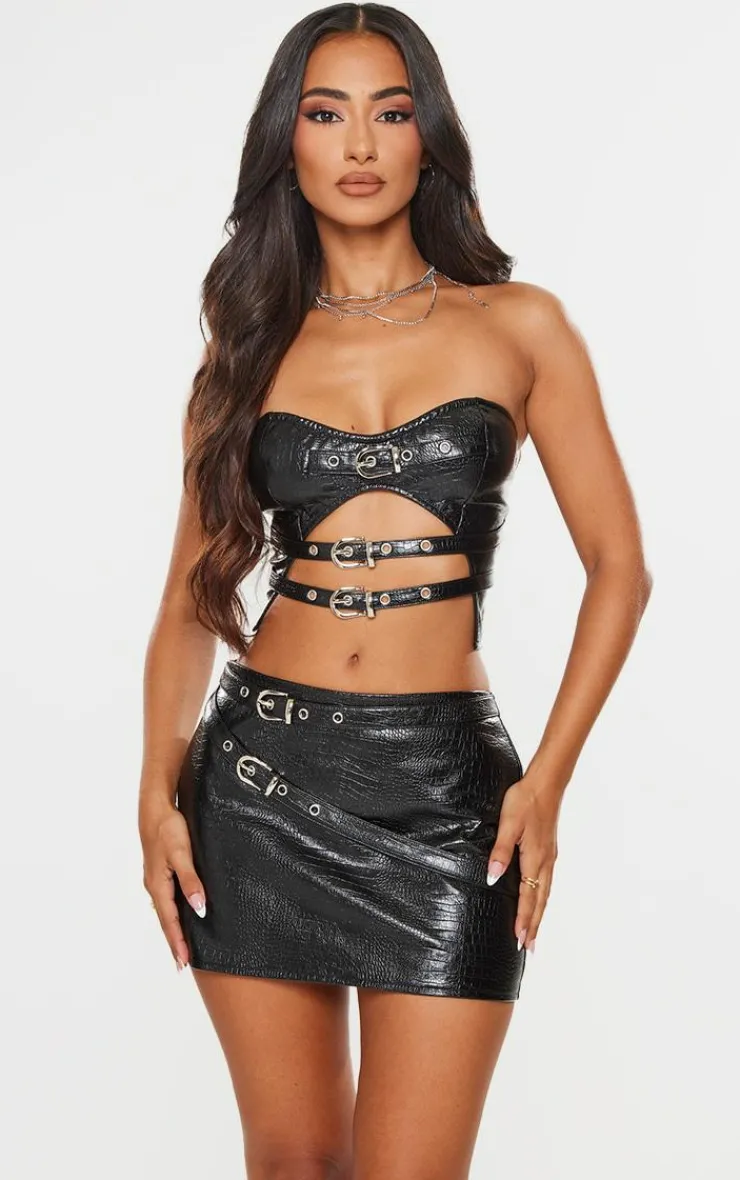 Outlet PrettyLittleThing Petite Belt Detail Croc Faux Leather Mini Skirt Black