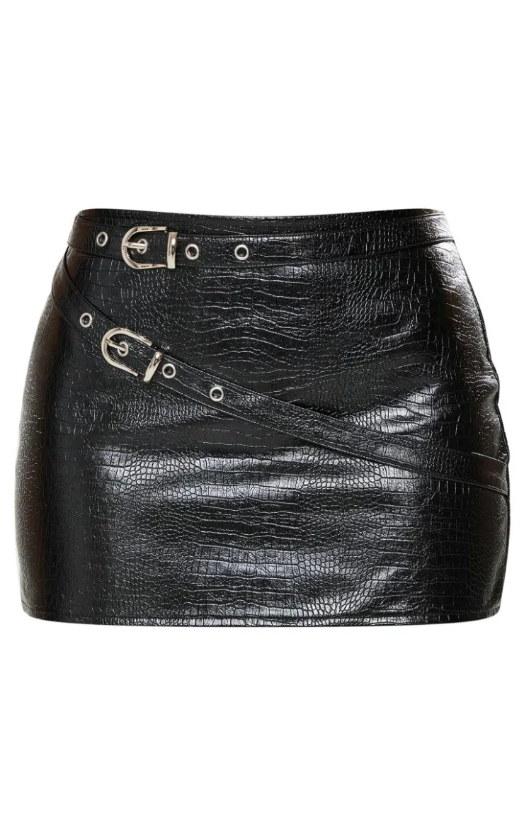 Outlet PrettyLittleThing Petite Belt Detail Croc Faux Leather Mini Skirt Black