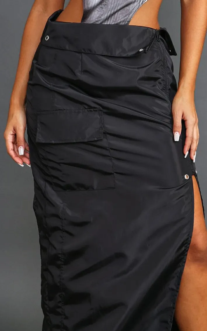 Petite Black Cargo Fold Over Waistband Midaxi Skirt