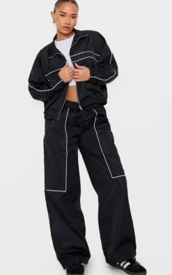 Discount PrettyLittleThing Petite Contrast Piping Shell Track Pants Black
