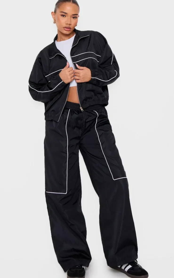 Discount PrettyLittleThing Petite Contrast Piping Shell Track Pants Black