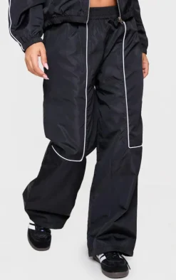 Discount PrettyLittleThing Petite Contrast Piping Shell Track Pants Black