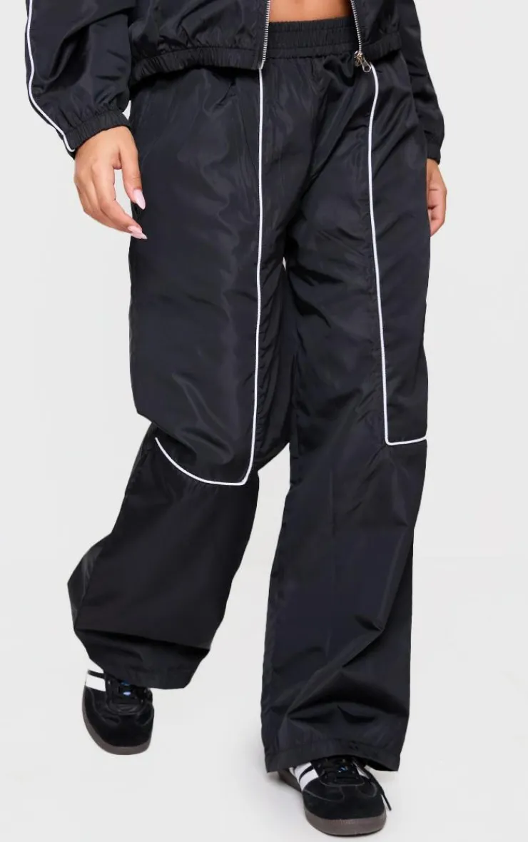 Discount PrettyLittleThing Petite Contrast Piping Shell Track Pants Black