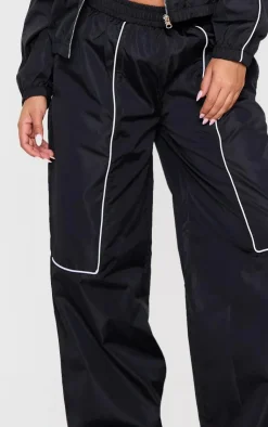 Discount PrettyLittleThing Petite Contrast Piping Shell Track Pants Black
