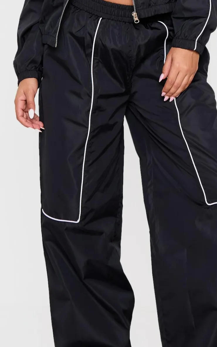 Discount PrettyLittleThing Petite Contrast Piping Shell Track Pants Black