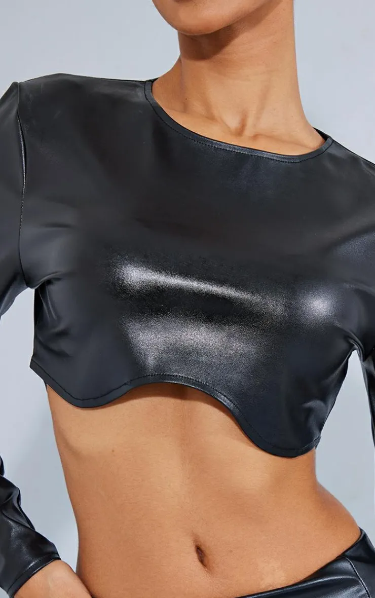 Hot PrettyLittleThing Petite Cracked Faux Leather Longsleeve Top Black