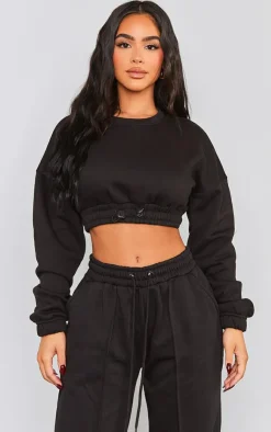 Hot PrettyLittleThing Petite Crop Elasticated Sweat Top Black