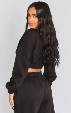 Hot PrettyLittleThing Petite Crop Elasticated Sweat Top Black