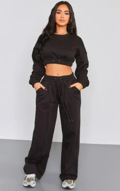 Hot PrettyLittleThing Petite Crop Elasticated Sweat Top Black