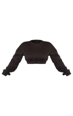 Hot PrettyLittleThing Petite Crop Elasticated Sweat Top Black