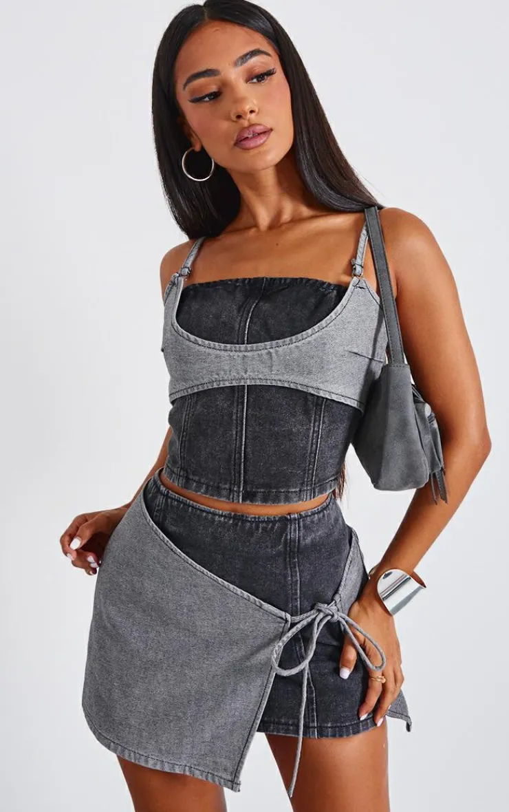 Best PrettyLittleThing Petite Denim Double Layered Corset Top Black