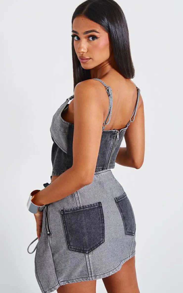 Best PrettyLittleThing Petite Denim Double Layered Corset Top Black