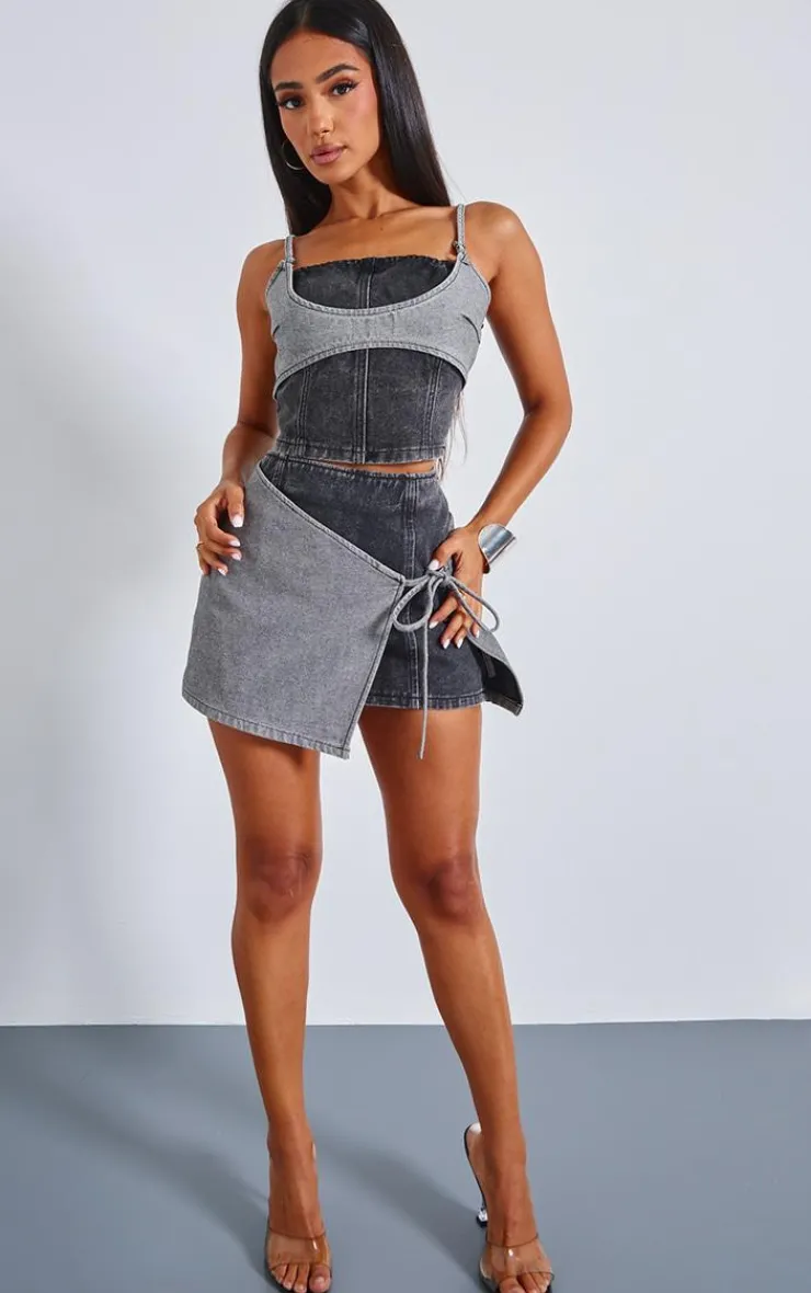 Best PrettyLittleThing Petite Denim Double Layered Corset Top Black