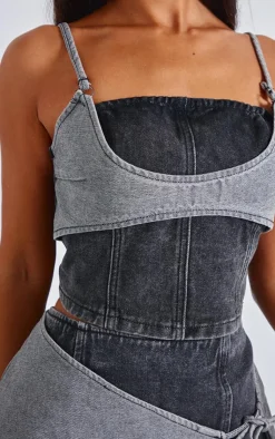 Best PrettyLittleThing Petite Denim Double Layered Corset Top Black
