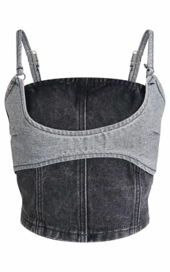 Best PrettyLittleThing Petite Denim Double Layered Corset Top Black