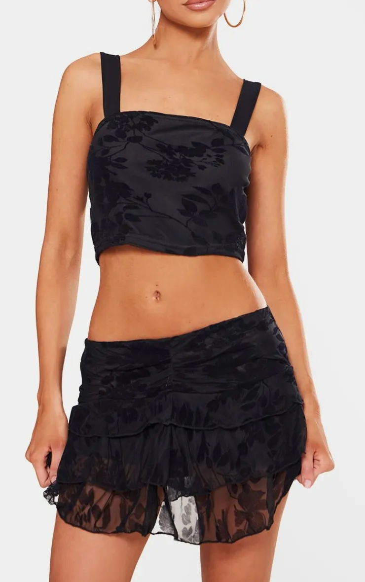 PrettyLittleThing Petite Devore Square Neck Crop Top Black
