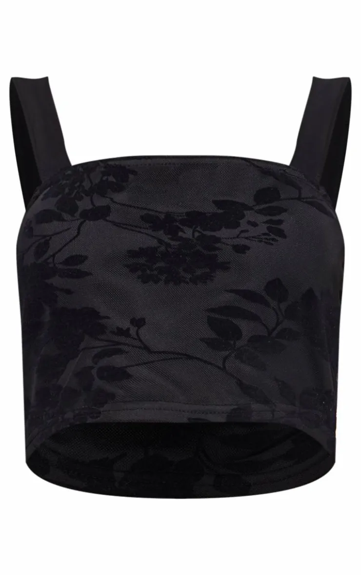 PrettyLittleThing Petite Devore Square Neck Crop Top Black
