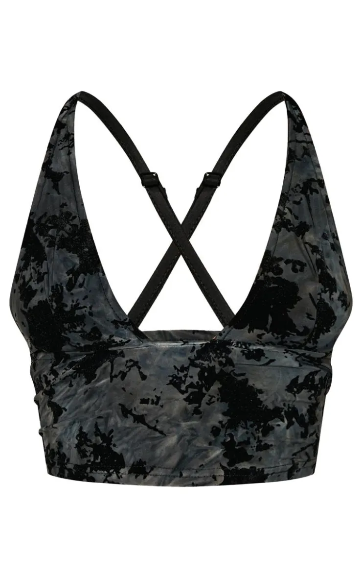 New PrettyLittleThing Petite Devore Strappy Crop Top Black