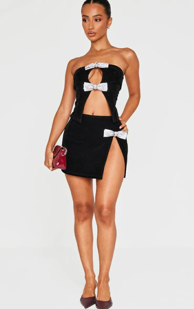 Discount PrettyLittleThing Petite Diamante Bow Detail Velvet Top Black
