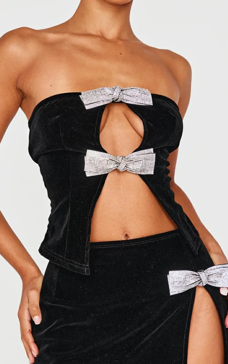 Discount PrettyLittleThing Petite Diamante Bow Detail Velvet Top Black