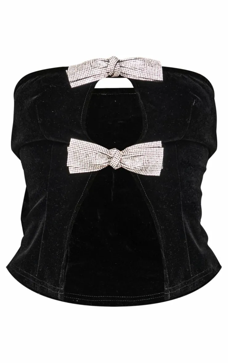 Discount PrettyLittleThing Petite Diamante Bow Detail Velvet Top Black