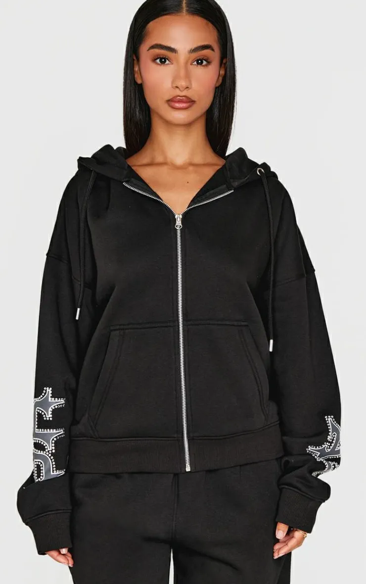 Outlet PrettyLittleThing Petite Diamante Graphic Detail Oversized Zip Up Hoodie Black