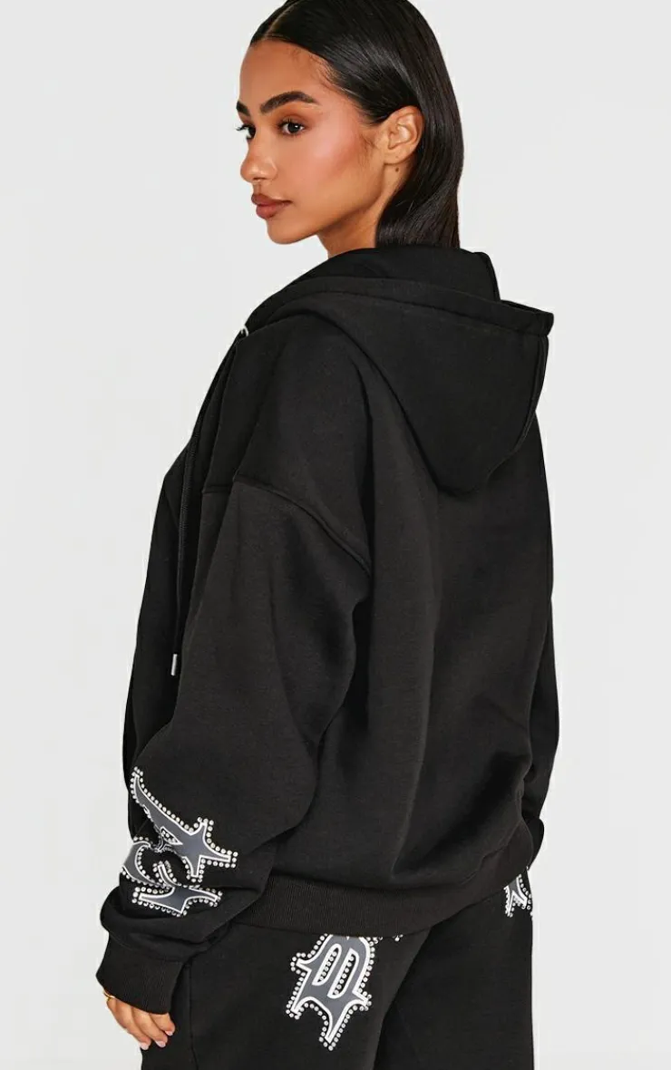Outlet PrettyLittleThing Petite Diamante Graphic Detail Oversized Zip Up Hoodie Black