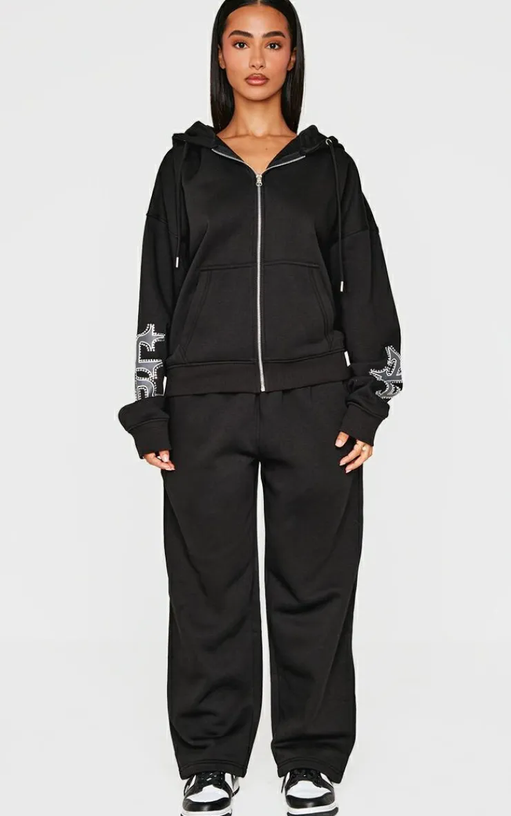 Outlet PrettyLittleThing Petite Diamante Graphic Detail Oversized Zip Up Hoodie Black