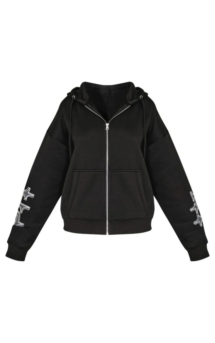 Outlet PrettyLittleThing Petite Diamante Graphic Detail Oversized Zip Up Hoodie Black