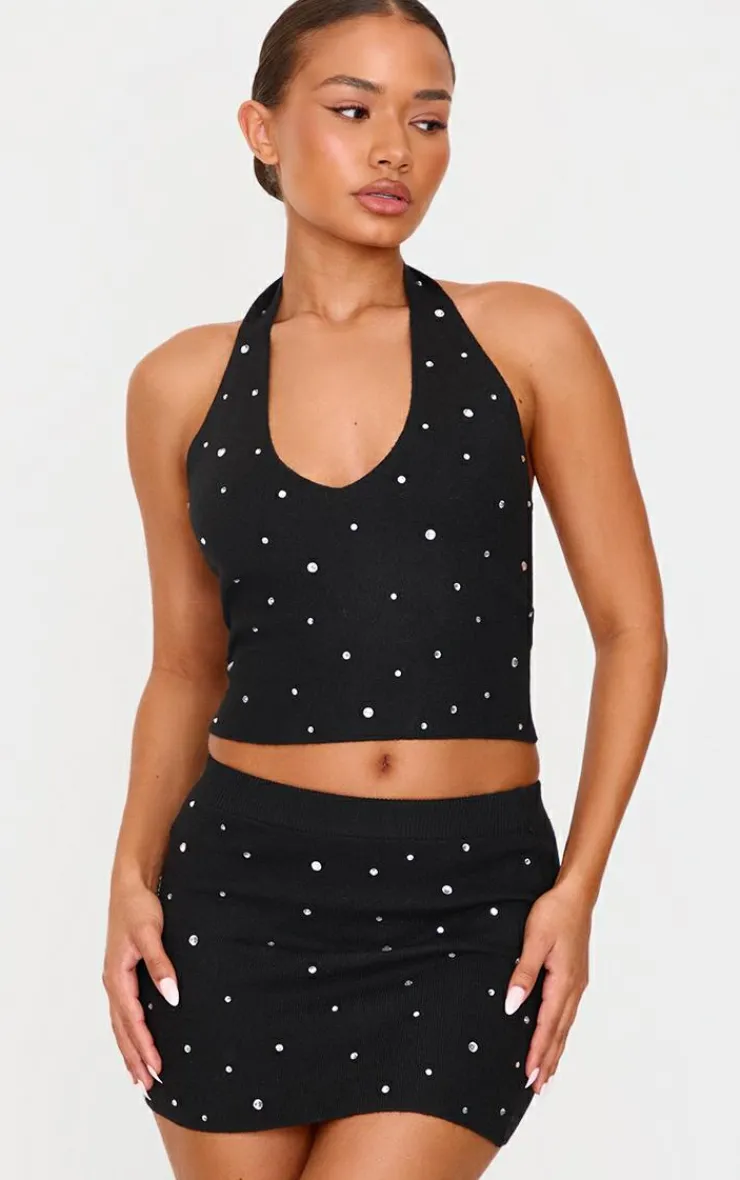 Online PrettyLittleThing Petite Diamante Knit Halterneck Top Black