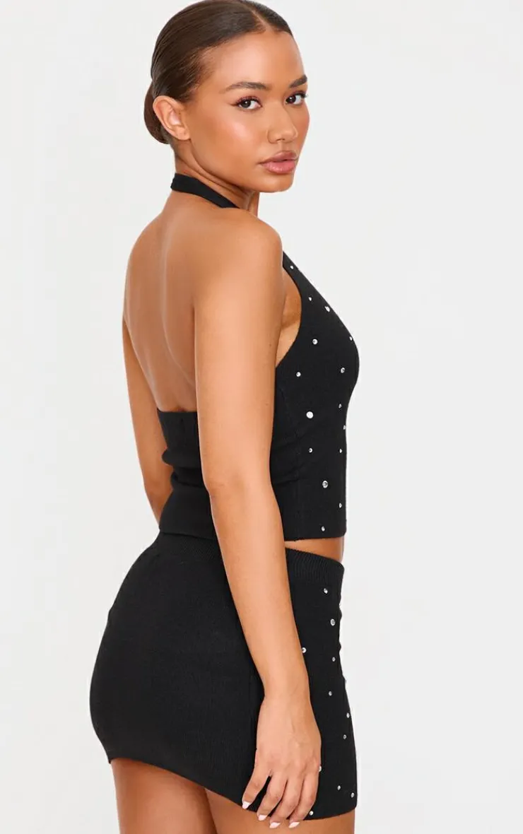 Online PrettyLittleThing Petite Diamante Knit Halterneck Top Black