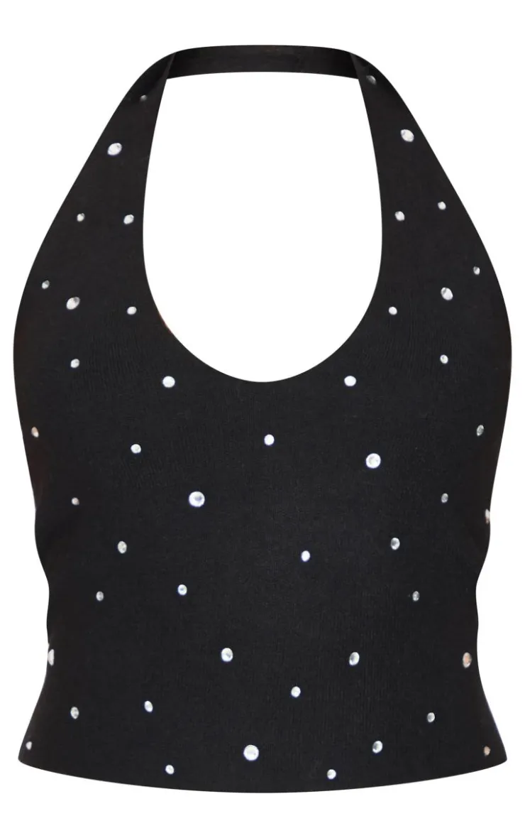 Online PrettyLittleThing Petite Diamante Knit Halterneck Top Black