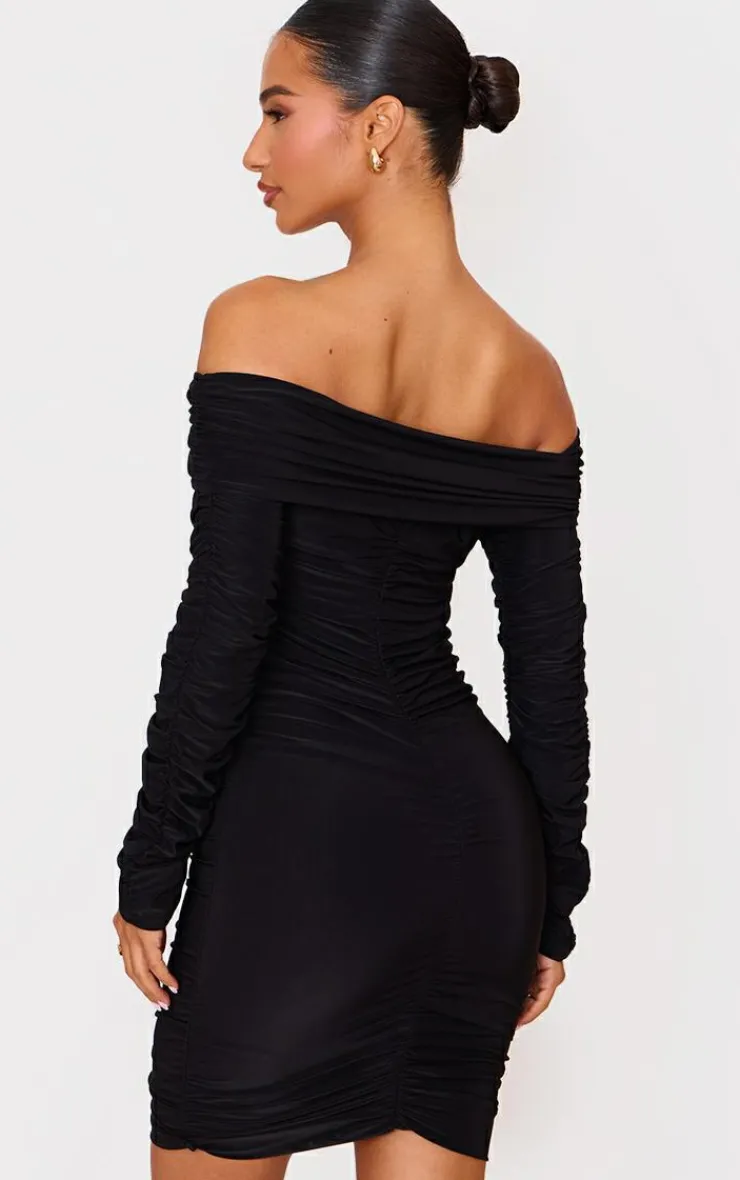 Petite Double Slinky Bardot Ruched Mini Dress-PrettyLittleThing Online