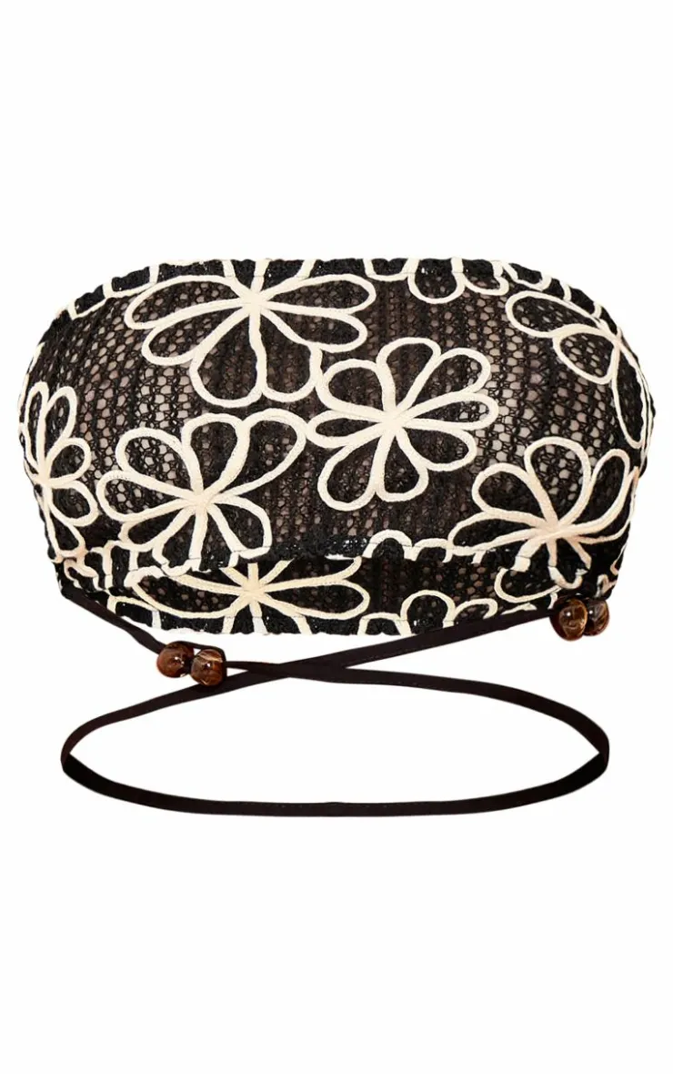 Online PrettyLittleThing Petite Embroidered Flower Bandeau Top Black