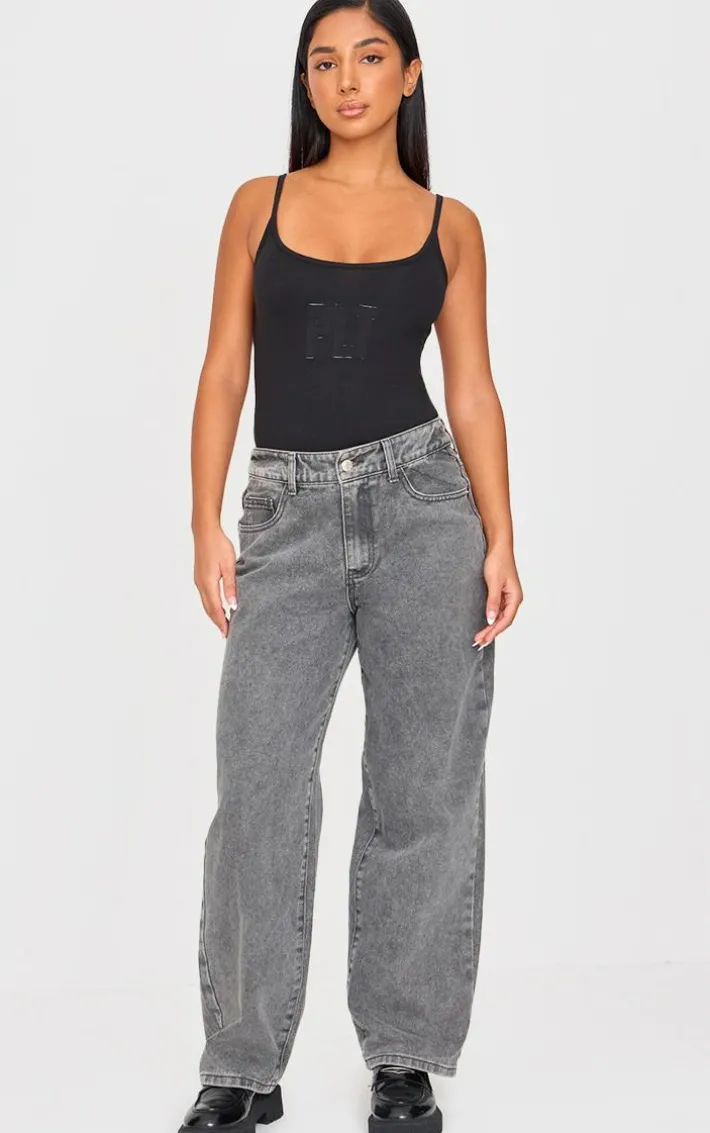 Petite Black Embroidered Strappy Bodysuit