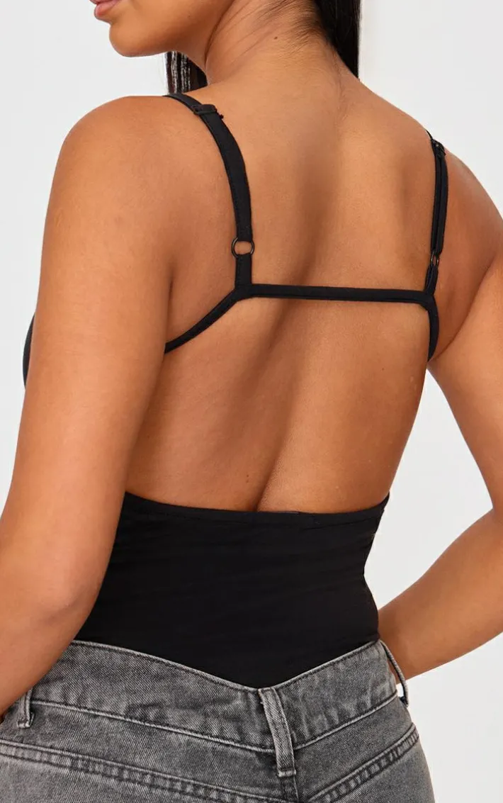 Petite Black Embroidered Strappy Bodysuit