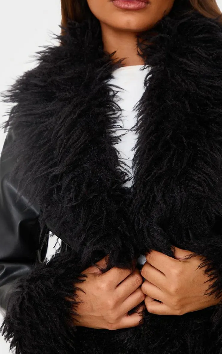 PrettyLittleThing Faux Leather Jackets*Petite Faux Leather Longline Jacket With Fur Trims