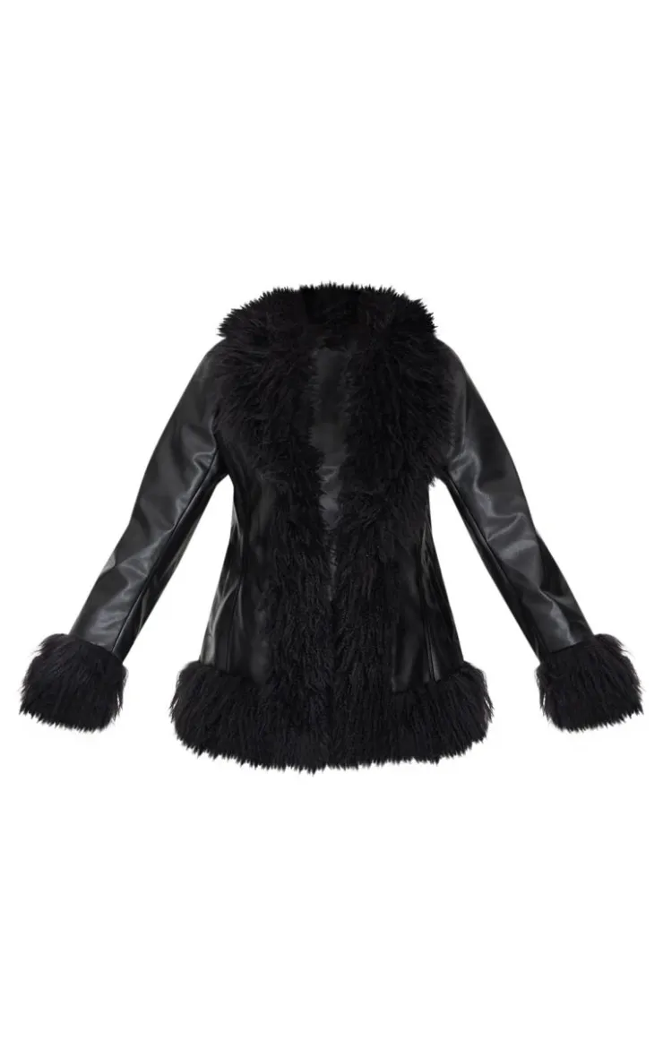 PrettyLittleThing Faux Leather Jackets*Petite Faux Leather Longline Jacket With Fur Trims