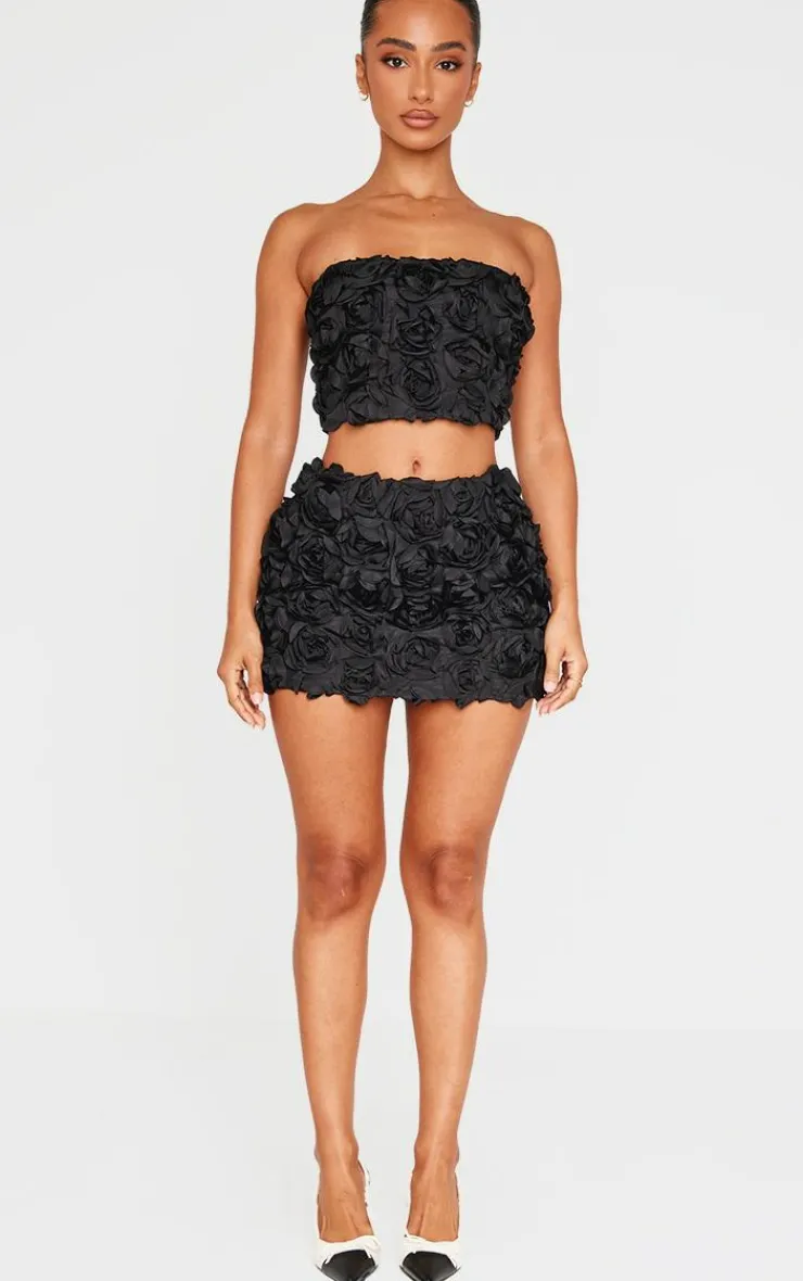 Online PrettyLittleThing Petite Flower Detail Bandeau Top Black