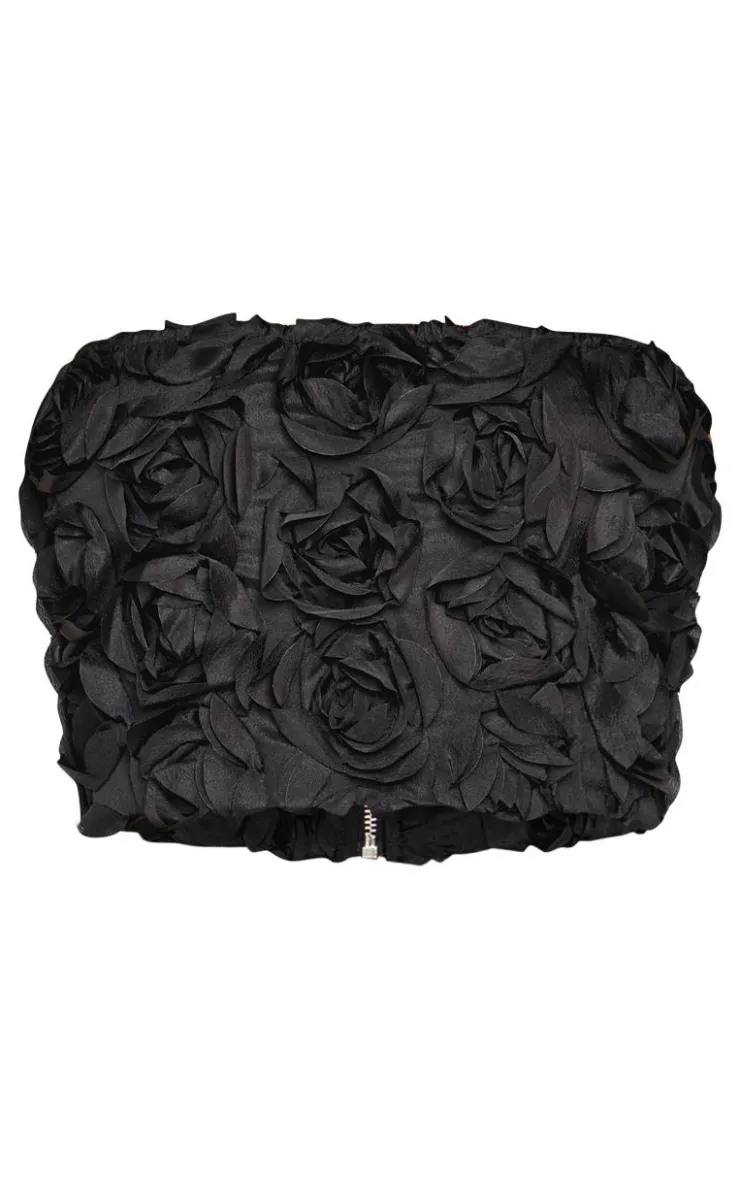 Online PrettyLittleThing Petite Flower Detail Bandeau Top Black